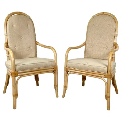 Pre-owned Henredon Pair Vintage Coastal Highback Bamboo Armchairs By  In Sand