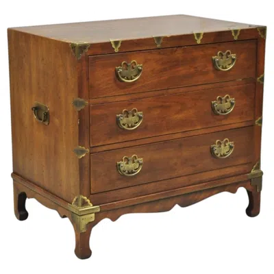 Pre-owned Henredon Pan Asian Chinoiserie Brass Butterfly 3 Drawer Campaign Chest Commode In Brown