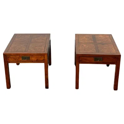 Pre-owned Henredon Parquetry Top Burlwood Walnut Campaign Nightstands End Tables, Set Of 2 In Brown