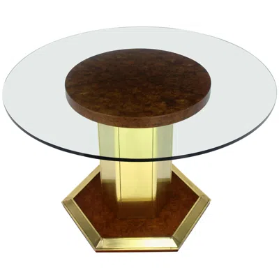 Pre-owned Henredon Round Brass Burl Wood Glass Top Center Dining Conference Table  In Brown
