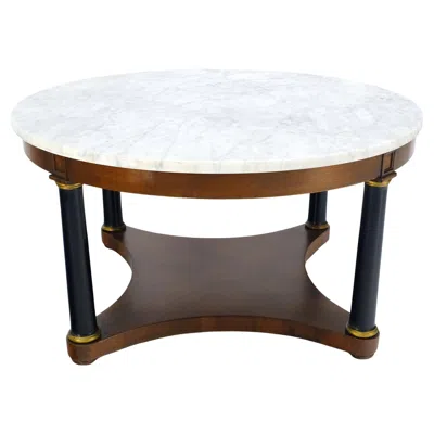 Pre-owned Henredon Round Marble Top Neoclassical Black Lacquer Pedestal Style Leg Coffee Table