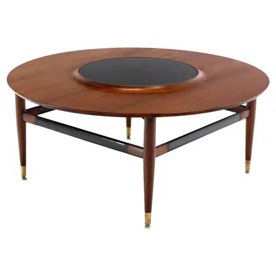 Pre-owned Henredon Round Walnut Coffee Table With Raised Black Laminate Lazy Susan Center