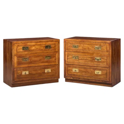 Pre-owned Henredon Scene One Oak And Brass Campaign Dresser Chests Of Drawers - Pair In Brown