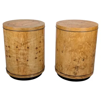 Pre-owned Henredon Scene Two Olive Burlwood Rosewood Drum End Tables In Brown