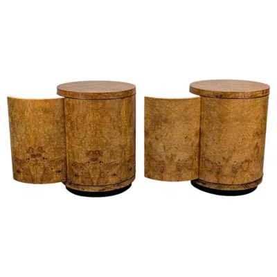 Pre-owned Henredon Scene Two Olive Burlwood Rosewood Drum End Tables In Brown