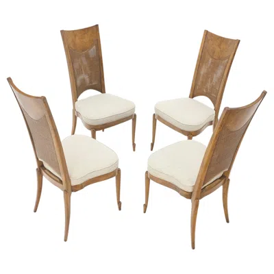Pre-owned Henredon Set 4 Burl Wood Cane Back New Upholstery Dining Chairs Mid Century Modern Mint! In Brown