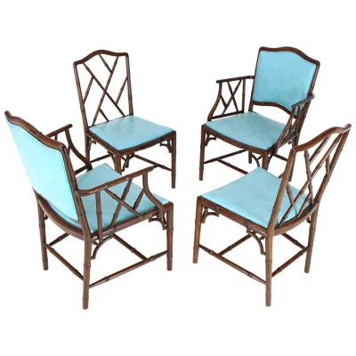 Pre-owned Henredon Set Of Four Very Fine Faux Bamboo Mahogany Dining Side Chairs In Brown