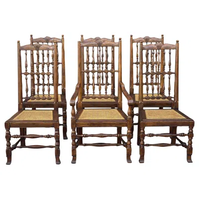 Pre-owned Henredon Six  French Country Oak Dining Chairs W/ Caned Seats And Spindle Backs In Brown