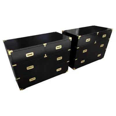 Pre-owned Henredon Striking Pair Of Vintage  Campaign Chests In Black Lacquer