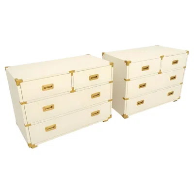Pre-owned Henredon Striking Restored Pair Of Vintage  Campaign Chests In Cream Lacquer In White
