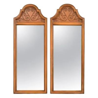 Pre-owned Henredon Style Mid-century Hollywood Regency Fruitwood Tall Wall Mirrors, Pair In Brown