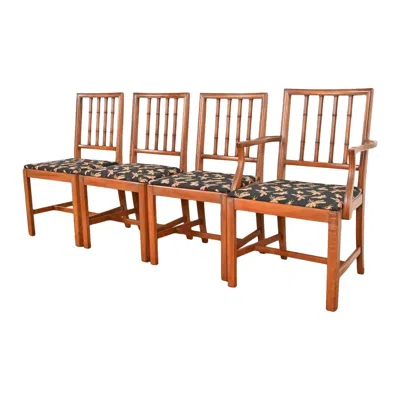 Pre-owned Henredon Style Regency Carved Mahogany Faux Bamboo Dining Chairs, Set Of Four In Brown