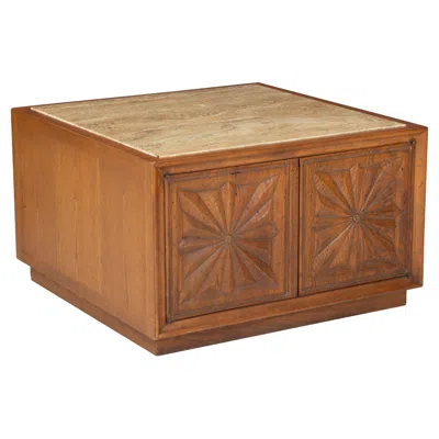 Pre-owned Henredon "town And Country" Oak And Travertine Coffee Table In Brown