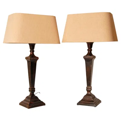 Pre-owned Henredon Traditional Neoclassical Tablelamps French Bronze Beige Linen Shade A Pair In Brown