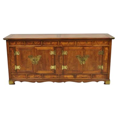 Pre-owned Henredon Vintage  Chinoiserie Brass Butterfly Burl Wood Credenza Cabinet Buffet In Brown