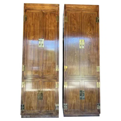 Pre-owned Henredon Vintage  Scene One 1 Tall Cabinets In Campaign Style A Pair, Attributed In Brown