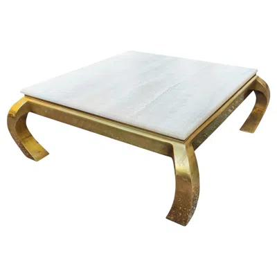 Pre-owned Henredon Vintage Hollywood Regency Style Polished Travertine Brass Coffee Table In Gray