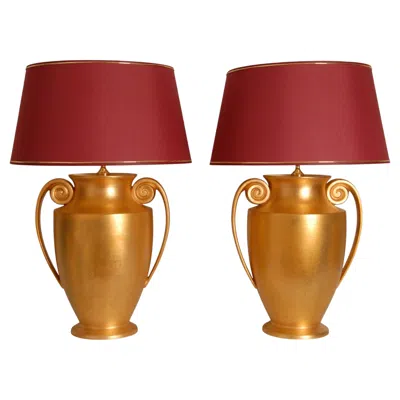 Pre-owned Henredon Vintage Italian Etruscan Vase Lamps Modern Gold Red Ceramic Table Lamps A Pair