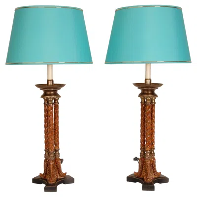 Pre-owned Henredon Vintage Italian Lamps Neoclassical Column Lamps Turned Burl Wood Table Lamps - A In Blue