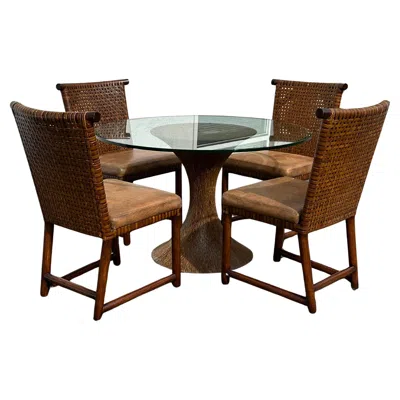 Pre-owned Henredon Wood Leather Strap Dining Chairs Coconut Pedestal Table, Set Of 5 In Brown
