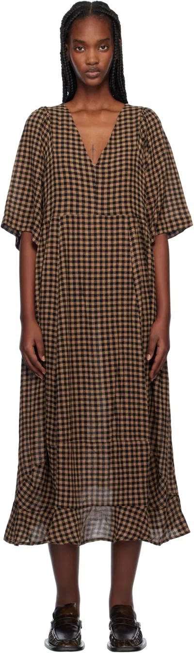 Henrik Vibskov Brown & Black Pump Midi Dress In Beige Black Checks