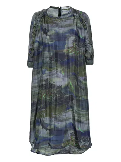 Henrik Vibskov Landscape-print Gathered Midi Dress In Gray