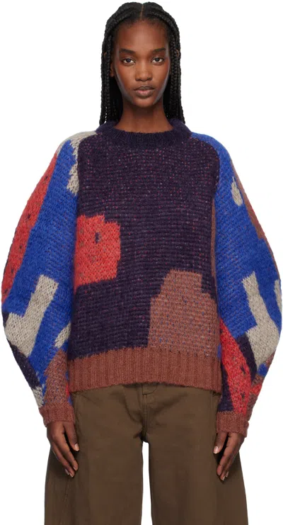 Henrik Vibskov Multicolor Mohairy Knit Sweater In Red Blue Brown Horse