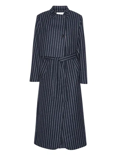 Henrik Vibskov Pinstripe Belted Single Breasted Coat In Blue