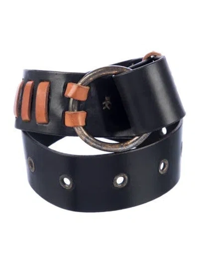 Pre-owned Henry Beguelin Leather Whipstitch Trim Waist Belt In Black