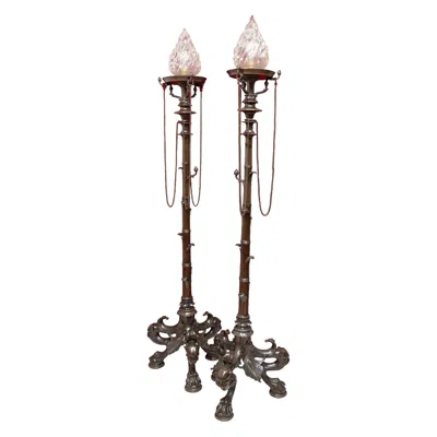 Pre-owned Henry Cahieux And Ferdinand Barbedienne An Exquisite Pair Of Bronze Lamp Stands From The 1855 Paris Exhibition. In Gold