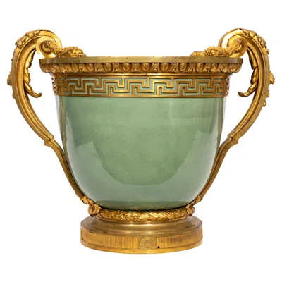 Pre-owned Henry Dasson Large Louis Xvi Chinese Celadon Crackle Porcelain & Ormolu Centerpiece/jardenier In Gold