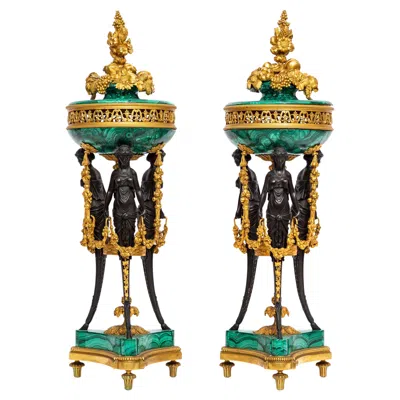 Pre-owned Henry Dasson Pr. French Patinated & Ormolu Mounted Malachite Figural Pot-pourris H. Dasson In Gold