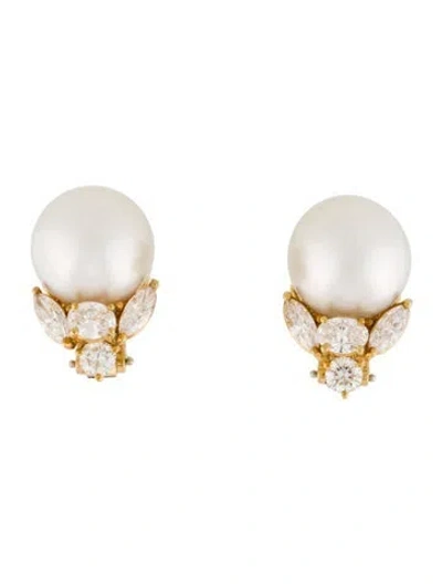 Pre-owned Henry Dunay 18k Pearl & Diamond Clip-on Earrings In Multi