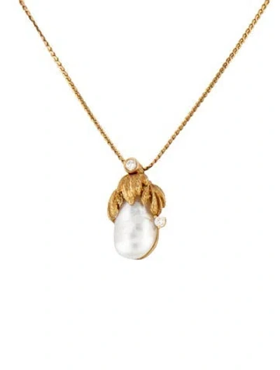 Pre-owned Henry Dunay 18k Pearl & Diamond Pendant Necklace, 15" In Multicolor