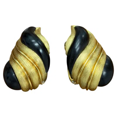 Pre-owned Henry Dunay 18k Yellow Gold & Ebony Wood Clip On Earrings Vintage 1980s