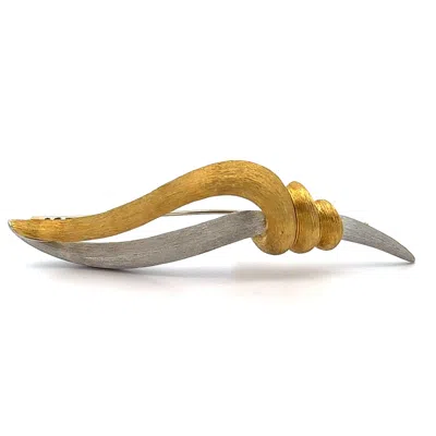Pre-owned Henry Dunay Sabi 18k Gold & Platinum Organic Leaf Wrap Style Heavy Pin Brooch In Multi