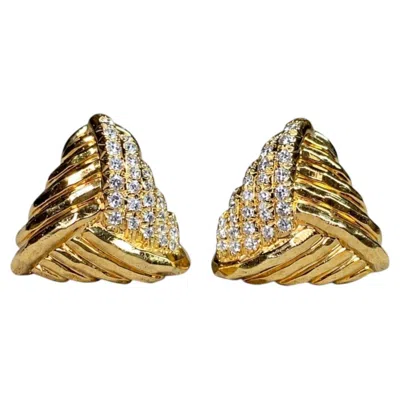 Pre-owned Henry Dunay Vintage  18k Yellow Gold Diamond Textured Triangle Huggie Earrings