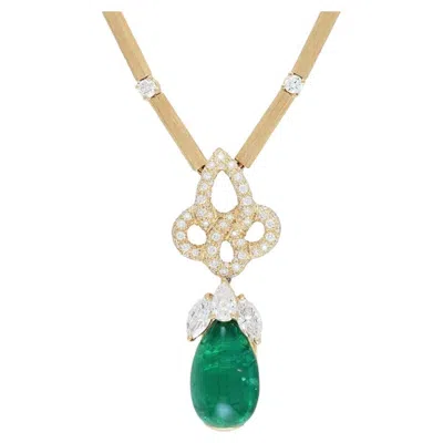 Pre-owned Henry Dunay Zambian Minor Oil Drop Cabochon Emerald & Diamond 18k Link Necklace In Green