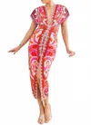 Her Bottari Deep V Ruched Midi Dress In Red Multi