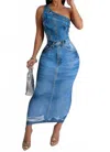 Her Bottari One Shoulder Denim Print Dress In Blue In Blue
