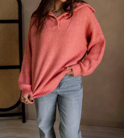 Her Entire Name Says Grace Marlo Knit Quarter Button-up Sweater In Coral Pink