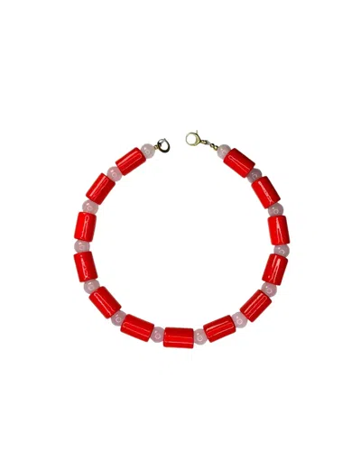 Her New Tribe Lobster & Rose Quartz Sundry Bead Five Necklace In Red