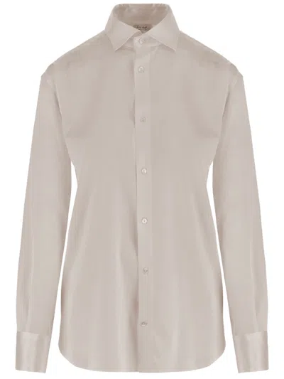 Her Shirt Beige Classic Collar Curved Hem Stretch Silk Shirt