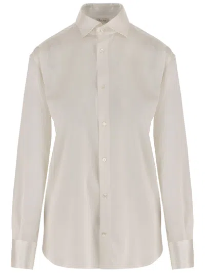 Her Shirt White Curved Hem Buttoned Cuffs Stretch Silk Shirt