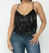 Hera Collection Sequin Fringe V-neck Top In Black In Black