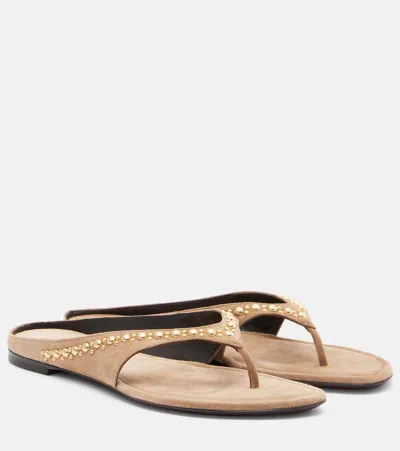 Herbert Levine Sun-kissed Embellished Suede Thong Sandals In Brown