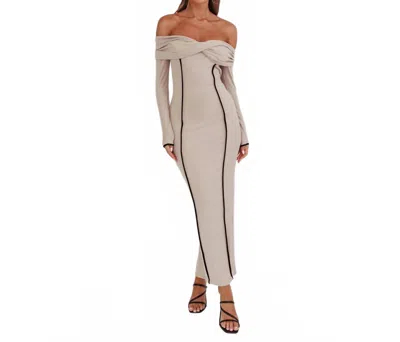 Here Comes The Sun Women's Contrast Trim Off The Shoulder Maxi Dress In Beige In Gray