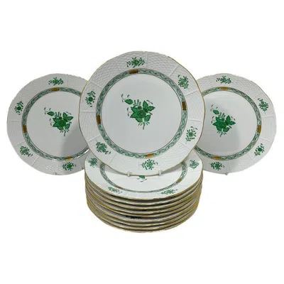 Pre-owned Herend 12  "chinese Bouquet Apponyi Green" Dinner Plates # 524, 1980s In Gray