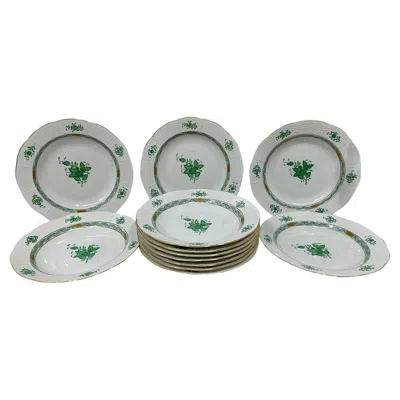 Pre-owned Herend 12  "chinese Bouquet Apponyi Green" Soup Plates # 503, 1980s In Gray