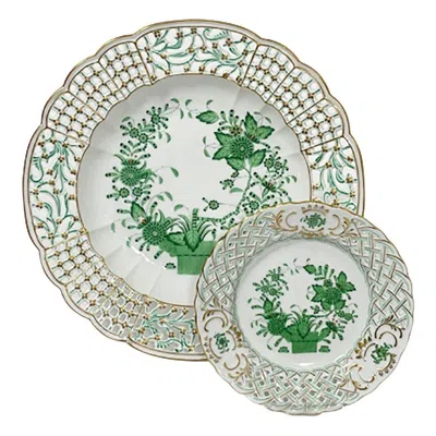 Pre-owned Herend 2  Hungary Porcelain "indian Basket Green" Wall Decoration Plates In Gray